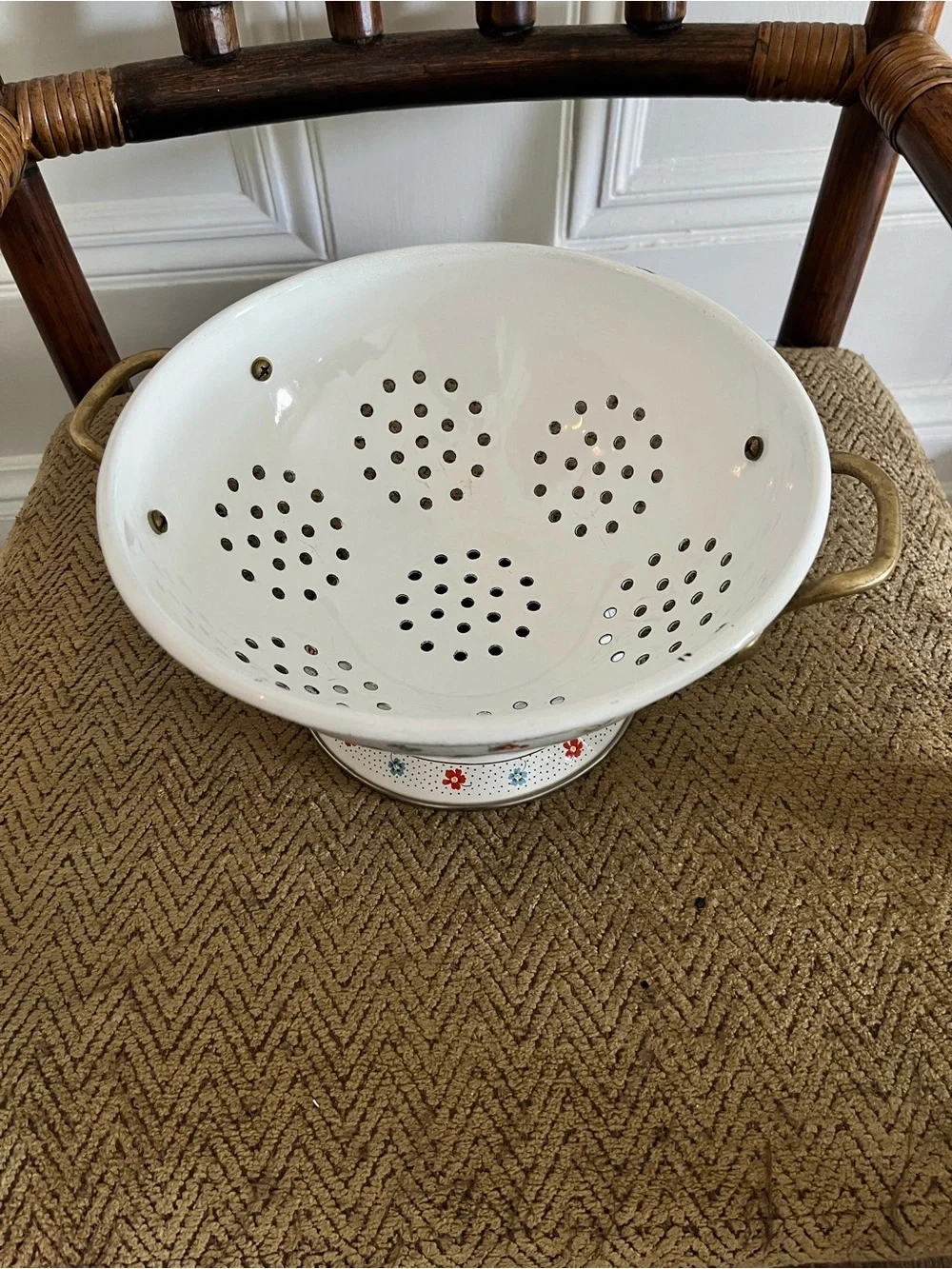 White Floral Enamel Pedestal Colander with Brass Handles